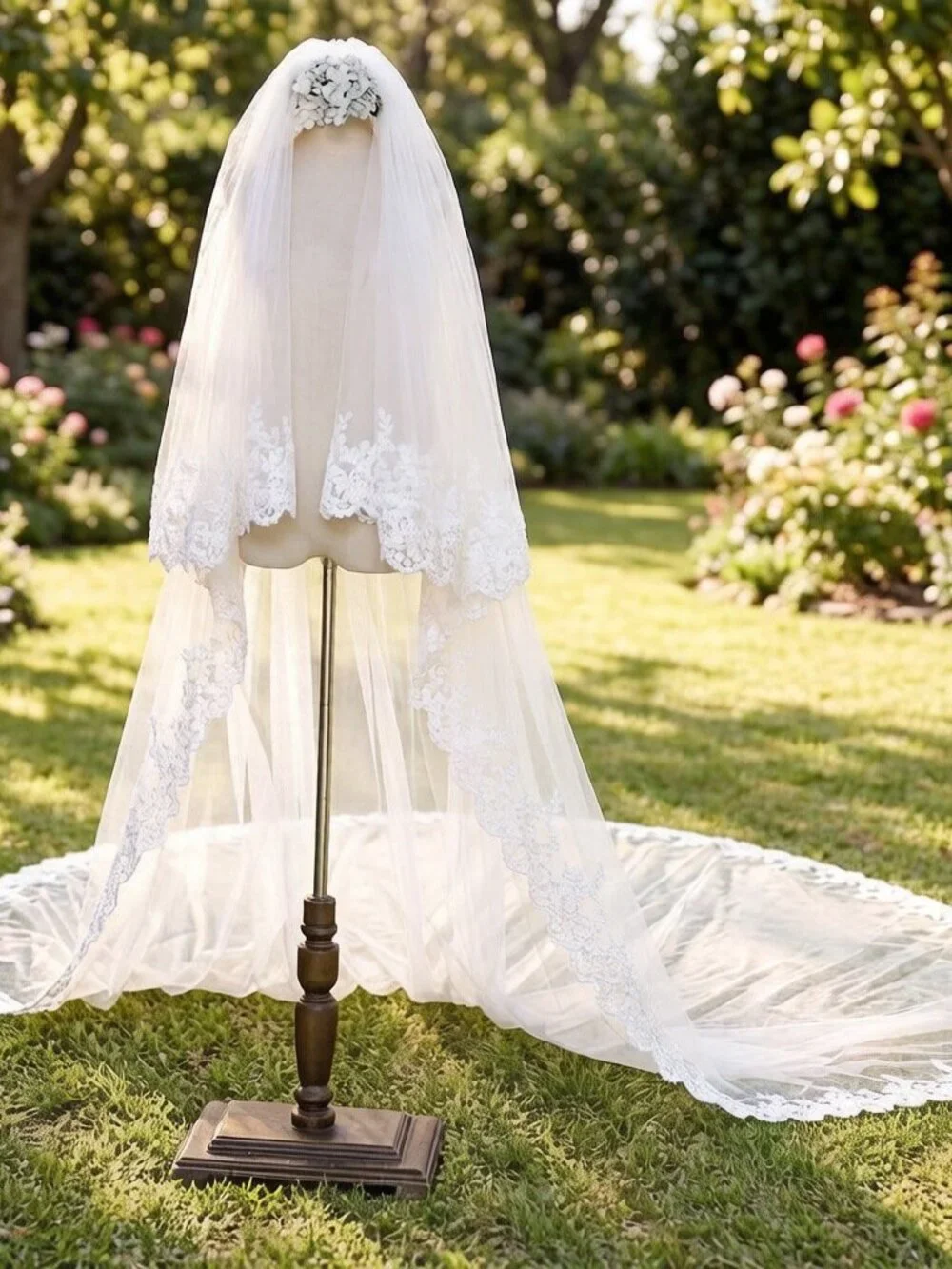 White Lace Applique Cathedral Veil 2 Tier Royal Length 138